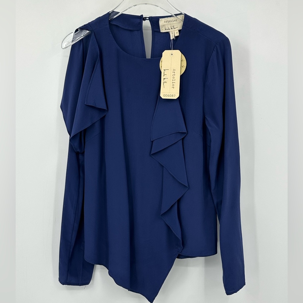 NWT Nicole Miller Artelier Silk Ruffled Asymmetrical Blouse P Blue | O133